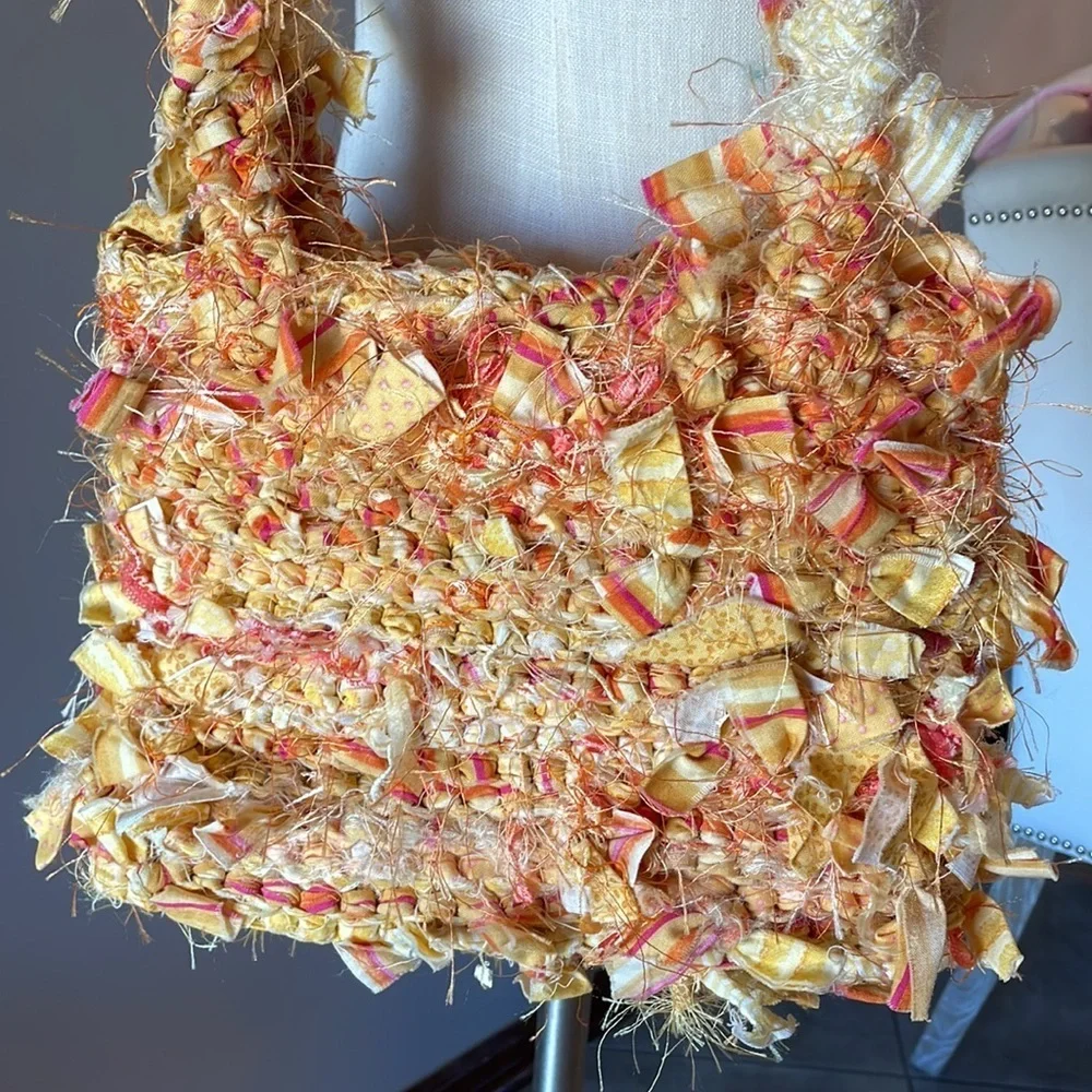 UNIQUE HANDMADE boho chunky Rag Knitted yellow shoulder bag genuine shells